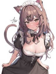 1girl animal_ears black_bow black_bowtie black_dress bow bowtie breasts brown_eyes brown_hair cat_ears cat_girl cat_tail character_hair_ornament cleavage commentary cowboy_shot dated detached_collar double-parted_bangs dress enoki_(vtuber) enoki_(vtuber)_(old_design) grey_background hair_ornament hashtag-only_commentary highres indie_virtual_youtuber kuromi light_frown looking_at_viewer low_neckline maid maid_headdress medium_breasts onegai_my_melody sanrio sidelocks signature simple_background skirt_hold solo tail tofumang virtual_youtuber x_hair_ornament