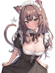 Rule 34 | 1girl, animal ears, black bow, black bowtie, black dress, bow, bowtie, breasts, brown eyes, brown hair, cat ears, cat girl, cat tail, character hair ornament, cleavage, commentary, cowboy shot, dated, detached collar, double-parted bangs, dress, enoki (vtuber), enoki (vtuber) (old design), grey background, hair ornament, hashtag-only commentary, highres, indie virtual youtuber, kuromi, light frown, looking at viewer, low neckline, maid, maid headdress, medium breasts, onegai my melody, sanrio, sidelocks, signature, simple background, skirt hold, solo, tail, tofumang, virtual youtuber, x hair ornament