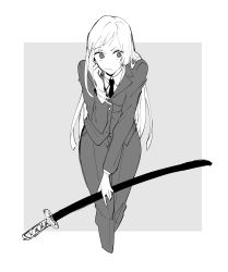 Rule 34 | 1girl, absurdres, asymmetrical bangs, breasts, closed mouth, collared shirt, commentary, cowboy shot, eyelashes, formal, frown, grey background, greyscale, hand in own hair, highres, holding, holding sword, holding weapon, jujutsu kaisen, katana, leaning forward, long hair, long sleeves, looking to the side, miwa kasumi, monochrome, necktie, pant suit, pants, shikiya, shirt, simple background, small breasts, solo, straight hair, suit, sword, weapon, wing collar