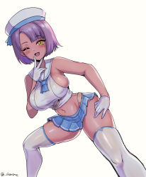 Rule 34 | breasts, bursting breasts, chamame, cosplay, dark skin, gloves, hat, large breasts, last origin, miniskirt, one eye closed, purple hair, quick camel, sailor collar, sailor hat, short hair, skirt, thighhighs, thighs, thong, wink