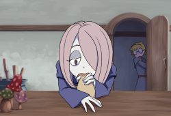 Rule 34 | 2girls, animated, animated gif, cum, fellatio, hair over one eye, highres, little witch academia, long hair, lotte jansson, multiple girls, mushroom, oral, penis, pink hair, sexually suggestive, sucy manbavaran, tagme