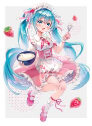 1girl :d absurdly_long_hair absurdres apron azusa_(980650076) blue_eyes blue_hair blush chinese_commentary commentary_request dress_shirt floating_hair food food-themed_hair_ornament frilled_skirt frilled_socks frills fruit full_body hair_between_eyes hair_ornament hatsune_miku headdress highres holding long_hair medium_skirt open_mouth pink_footwear pink_skirt shirt short_sleeves skirt smile socks solo strawberry strawberry_hair_ornament twintails very_long_hair vocaloid waist_apron whipped_cream white_apron white_shirt white_socks wrist_cuffs