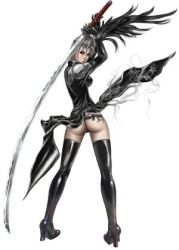 Rule 34 | 00s, 1girl, ass, female focus, final fantasy, final fantasy x, final fantasy x-2, full body, katana, looking back, lowres, ootachi, paine, simple background, solo, sword, thighhighs, weapon, white background