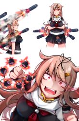 Rule 34 | 1girl, absurdres, artist name, baileys (tranquillity650), black ribbon, blonde hair, closed mouth, glowing, glowing eyes, hair ornament, hairclip, highres, kantai collection, long hair, multiple views, neckerchief, open mouth, red eyes, red neckerchief, ribbon, scarf, signature, simple background, smug, twitter username, white background, white scarf, yuudachi (kancolle), yuudachi kai ni (kancolle)