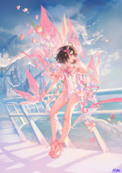 Rule 34 | 1girl, abstract, ahoge, artist name, atdan, bare arms, bare legs, bare shoulders, bird, blue sky, breasts, brown hair, bug, butterfly, butterfly hair ornament, cloud, commentary, dress, english commentary, feet, flower, full body, hair ornament, hand up, high heels, highres, industrial, insect, large breasts, against railing, looking at viewer, open mouth, original, outdoors, pink footwear, red eyes, revealing clothes, short hair, sky, solo, standing, strapless, strapless dress, water, waves, white dress