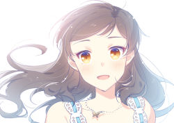 Rule 34 | 1girl, :d, blush, brown eyes, brown hair, butterfly necklace, collarbone, floating hair, idolmaster, idolmaster million live!, jewelry, kitazawa shiho, long hair, looking at viewer, necklace, open mouth, portrait, simple background, smile, solo, swept bangs, touon, white background