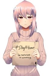 Rule 34 | 1girl, absurdres, arrow (symbol), box, bright pupils, cardboard box, closed mouth, dated, english text, grey sweater, hashtag, highres, holding, looking at viewer, original, pink hair, ponytail, red eyes, ribbed sweater, signature, simple background, solo, stay at home, suraya (z666ful), sweater, white background, z666ful