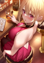 Rule 34 | 1girl, :o, alcohol, ass, backless dress, backless outfit, bar (place), bare shoulders, blonde hair, blush, bottle, breasts, butt crack, cleavage, commentary request, counter, cup, dress, drinking glass, from above, from behind, glint, holding, holding cup, ice, ice cube, juice, large breasts, light particles, looking at viewer, looking back, looking up, lycoris recoil, nishikigi chisato, official alternate costume, orange juice, pantyhose, red dress, red eyes, short hair, sitting, solo, stool, tile floor, tiles, women&#039;s wallet, xe (execut3r)