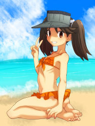 Rule 34 | 10s, 1girl, :d, @@@, bad id, bad pixiv id, beach, bikini, brown eyes, brown hair, cloud, day, feet, grin, hat, kantai collection, long hair, looking at viewer, ocean, open mouth, orange bikini, outdoors, ryuujou (kancolle), sky, smile, solo, swimsuit, twintails, v, water