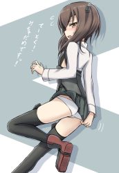 Rule 34 | 10s, 1girl, ass, blush, boots, brown eyes, brown hair, clothes lift, embarrassed, grey skirt, headband, headgear, highres, kantai collection, leg up, looking at viewer, md5 mismatch, military, military uniform, miniskirt, panties, pleated skirt, remodel (kantai collection), short hair, simple background, skirt, skirt lift, solo, sweat, taihou (kancolle), thigh boots, thighhighs, underwear, uniform, white panties, yakob labo