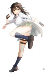 Rule 34 | 1girl, ass, black footwear, blue socks, brown eyes, brown hair, clothes around waist, collared shirt, coppelion, fighting stance, full body, green skirt, hair between eyes, hand up, hieung, highres, jacket, jacket around waist, kneehighs, leg up, loafers, long hair, looking at viewer, miniskirt, naruse ibara, necktie, open mouth, outstretched arm, panties, pantyshot, plaid, plaid skirt, pleated skirt, round teeth, school uniform, shirt, shoes, short sleeves, simple background, skirt, sleeves past elbows, sleeves rolled up, socks, solo, standing, standing on one leg, striped necktie, striped neckwear, teeth, thigh strap, underwear, upskirt, white background, white panties, white shirt, wing collar