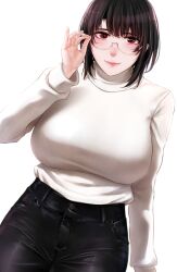 Rule 34 | 1girl, alternate costume, bespectacled, black hair, black pants, breasts, ggli (yuine wantan), glasses, highres, huge breasts, kantai collection, leather, leather pants, lips, long sleeves, looking at viewer, pants, red eyes, round eyewear, short hair, simple background, solo, sweater, takao (kancolle), white background, white sweater