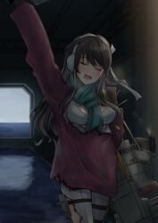 Rule 34 | 1girl, adapted turret, alternate costume, aqua scarf, black hair, bra, breasts, burnt clothes, cannon, coat, colored inner hair, earmuffs, facing viewer, fang, feet out of frame, grey background, grey bra, grey pantyhose, highres, k jie, kantai collection, large breasts, long hair, machinery, multicolored hair, naganami (kancolle), pantyhose, pink hair, purple coat, scarf, skin fang, smoke, smokestack, solo, torpedo launcher, tunnel, turret, two-tone hair, underwear, yawning, yellow eyes