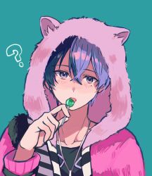 Rule 34 | 1boy, ?, animal ears, animal hood, aoyagi touya, awakening beat (project sekai), beat eater (vocaloid), blue hair, blush, candy, commentary request, dark blue hair, fake animal ears, food, green background, hair between eyes, hand up, highres, holding, holding candy, holding food, holding lollipop, hood, hood up, hooded jacket, jacket, jewelry, kinomi 3030, lollipop, long sleeves, male focus, mole, mole under eye, multicolored hair, necklace, official alternate costume, project sekai, short hair, simple background, solo, split-color hair, two-tone hair, upper body