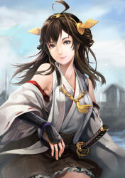Rule 34 | 10s, 1girl, bad id, bad pixiv id, bare shoulders, brown hair, detached sleeves, hair ornament, japanese clothes, kantai collection, katana, kongou (kancolle), miko, nontraditional miko, realistic, riku (wana), solo, sword, weapon