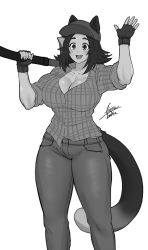 Rule 34 | 1girl, airisubaka, animal ears, arm up, artist name, axe, blush, breasts, cleavage, collarbone, collared shirt, commission, denim, fang, fingerless gloves, flannel, gloves, greyscale, hat, highres, holding, holding axe, jeans, large breasts, looking at viewer, lumberjack, medium hair, monochrome, open mouth, original, pants, shirt, short sleeves, signature, simple background, smile, solo, twitter username, white background