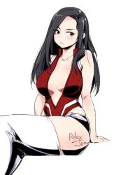 Rule 34 | 1girl, alternate hairstyle, arm support, bare shoulders, black hair, blush, bodysuit, boku no hero academia, breasts, center opening, cleavage, collarbone, feet out of frame, invisible chair, large breasts, leotard, long hair, looking at viewer, parted lips, red leotard, relaxjon, shiny skin, simple background, sitting, solo, thighhighs, white background, white thighhighs, yaoyorozu momo