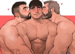 3boys, abs, age difference, arm hair, bandaid, bandaid on nose, bara, black hair, blush, boy sandwich, cheek kiss, completely nude, grey hair, jang ju hyeon, kiss, large pectorals, male focus, mature male, messy hair, multiple boys, muscular, muscular male, nipples, nude, old, old man, original, sandwiched, short hair, smile, stomach, undercut, upper body, yaoi