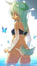 Rule 34 | 1girl, animal ears, aqua hair, ass, bandeau, bare shoulders, bug, butterfly, cowboy shot, dark skin, dark-skinned female, detached sleeves, from behind, bug, katou itsuwa, long hair, looking down, original, red eyes, solo, strapless, tail, tube top, wading, water