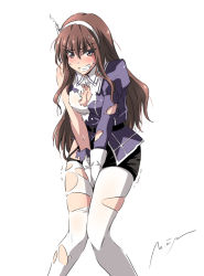 10s 1girl ashigara_(kancolle) blush brown_eyes brown_hair clenched_teeth female_focus hairband kantai_collection long_hair md5_mismatch onaya_masakazu pantyhose pencil_skirt resolution_mismatch signature simple_background skirt solo source_smaller teeth torn_clothes torn_pantyhose v_arms white_background white_pantyhose