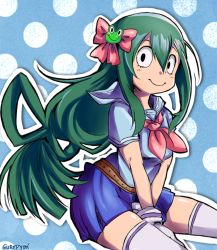 Rule 34 | 1girl, alternate costume, artist name, asui tsuyu, between legs, black eyes, blue shirt, blue skirt, blush, boku no hero academia, breasts, commentary, english commentary, frog, frog girl, gloves, green hair, gurepyon, hair between eyes, hair ornament, hand between legs, long hair, looking at viewer, medium breasts, red neckwear, red ribbon, ribbon, shirt, skirt, smile, solo, thighhighs, white gloves, white thighhighs