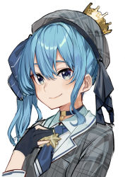 Rule 34 | 1girl, absurdres, beret, black gloves, blue bow, blue eyes, blue hair, blue neckwear, bow, breasts, closed mouth, collared shirt, crown, eyebrows hidden by hair, gloves, grey hat, grey jacket, hair between eyes, hair bow, hand up, haruyuki (gffewuoutgblubh), hat, highres, hololive, hoshimachi suisei, hoshimachi suisei (1st costume), jacket, large breasts, long hair, looking at viewer, mini crown, partially fingerless gloves, plaid, plaid headwear, plaid jacket, shirt, side ponytail, simple background, smile, solo, star (symbol), star in eye, striped, striped bow, symbol in eye, virtual youtuber, white background, white shirt