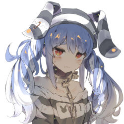 Rule 34 | 1girl, animal ears, bare shoulders, blue hair, braid, chain, chain leash, collar, collarbone, commentary, ememo, extra ears, hat, highres, hololive, leash, long hair, looking at viewer, multicolored hair, off-shoulder shirt, off shoulder, official alternate costume, orange eyes, prison clothes, rabbit ears, shirt, simple background, solo, striped clothes, striped headwear, striped shirt, sweat, swept bangs, twin braids, two-tone hair, upper body, usada pekora, usada pekora (prisoner), virtual youtuber, white background