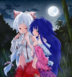 Rule 34 | 2girls, holding another&#039;s arm, bad id, bad pixiv id, bamboo, bamboo forest, bare shoulders, blue hair, cigarette, female focus, forest, fujiwara no mokou, full moon, green eyes, hand in pocket, houraisan kaguya, issin., long hair, messy hair, moon, multiple girls, nature, navel, night, night sky, off shoulder, one eye closed, red eyes, sky, smoking, suspenders, torn clothes, touhou, very long hair, white hair, yuri