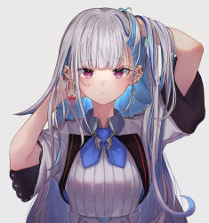 Rule 34 | 1girl, absurdres, arm up, blue hair, blue neckwear, blush, closed mouth, colored inner hair, commentary request, ear piercing, earrings, hand up, hands in hair, highres, jacket, jewelry, lize helesta, long hair, looking at viewer, multicolored hair, nenehotoso, nijisanji, piercing, purple eyes, shirt, short sleeves, silver hair, simple background, smile, solo, upper body, virtual youtuber, white background, white jacket, white shirt