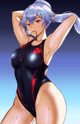Rule 34 | 1girl, adjusting hair, araimooah, armpits, arms up, black one-piece swimsuit, blush, breasts, commentary request, competition swimsuit, fate/grand order, fate (series), gradient background, hair between eyes, highleg, highleg swimsuit, large breasts, long hair, looking at viewer, mitsudomoe (shape), mouth hold, one-piece swimsuit, ponytail, red eyes, revision, silver hair, solo, standing, swimsuit, tomoe (symbol), tomoe gozen (fate), tying hair, wet