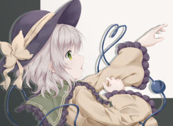 Rule 34 | 1girl, bow, frilled shirt collar, frilled sleeves, frills, from side, green eyes, hat, hat bow, heart, heart of string, komeiji koishi, open mouth, outstretched arm, short hair, touhou, two-tone background, white hair, yuzuki sora