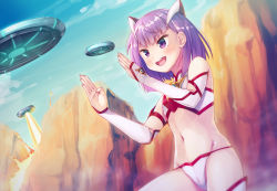 Rule 34 | &gt;:d, 1girl, :d, bikini, blush, day, detached sleeves, explosion, fate/grand order, fate (series), hands up, headgear, helena blavatsky (fate), helena blavatsky (swimsuit archer) (fate), helena blavatsky (swimsuit archer) (second ascension) (fate), laser, masaki kei, navel, open mouth, outdoors, purple eyes, purple hair, short hair, smile, solo, spacecraft, swimsuit, teeth, ultra series, v-shaped eyebrows, white bikini