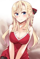 Rule 34 | 1girl, absurdres, bare arms, bare shoulders, black bow, black pantyhose, blonde hair, blue eyes, blush, bow, braid, breasts, cleavage, closed mouth, collarbone, commentary request, dress, hair between eyes, hair bow, high school fleet, highres, kapatarou, large breasts, long hair, looking at viewer, pantyhose, red dress, side braid, single braid, sitting, sleeveless, sleeveless dress, solo, striped, striped bow, v arms, very long hair, wilhelmina braunschweig ingenohl friedeburg