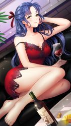 Rule 34 | 1girl, barefoot, blue hair, bottle, breasts, cleavage, closed mouth, collarbone, couch, cup, doukyuusei 2, doukyuusei another world, dress, drinking glass, dutch angle, game cg, hair intakes, hair ribbon, holding, holding cup, indoors, large breasts, long hair, narusawa misako, official art, red dress, red ribbon, red wine, ribbon, short dress, sitting, sleeveless, sleeveless dress, smile, solo, spaghetti strap, sparkle, strap slip, very long hair, wine, wine bottle, wine glass, yellow eyes