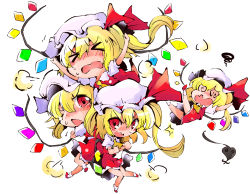 Rule 34 | &gt; &lt;, 4girls, @ @, ascot, blonde hair, blush, bow, closed eyes, crystal, dual persona, falling, fighting, flandre scarlet, hair bow, hat, highres, laevatein, mob cap, multiple girls, multiple persona, puffy short sleeves, puffy sleeves, red eyes, shinapuu, short hair, short sleeves, side ponytail, simple background, skirt, touhou, wings