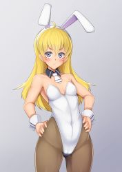 Rule 34 | &gt;:t, 1girl, :t, alfort (may0508), animal ears, black pantyhose, breasts, cowboy shot, detached collar, fake animal ears, gradient background, hands on own hips, highres, leotard, necktie, original, pantyhose, playboy bunny, pout, rabbit ears, rabbit tail, small breasts, solo, strapless, strapless leotard, tail, v-shaped eyebrows, white leotard, white necktie, wrist cuffs