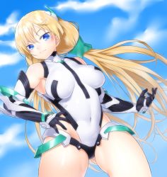 Rule 34 | 1girl, angela balzac, armor, armpits, bare shoulders, black gloves, blonde hair, blue eyes, blush, bodysuit, breasts, breasts apart, cloud, covered navel, cowboy shot, day, elbow gloves, from below, gloves, halterneck, hand on own hip, headgear, highleg, highleg leotard, hip focus, large breasts, leotard, light smile, long hair, looking at viewer, low twintails, onsoku inu, outdoors, parted bangs, pilot suit, rakuen tsuihou, sky, smile, solo, thighs, turtleneck, twintails, very long hair