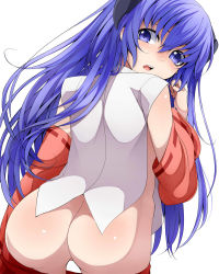 Rule 34 | 1girl, ass, clothes pull, detached sleeves, from behind, hanyuu, highres, higurashi no naku koro ni, horns, japanese clothes, long hair, looking back, miko, nemu (nebusokugimi), no panties, open mouth, pants, pants pull, purple eyes, purple hair, simple background, solo, standing, white background