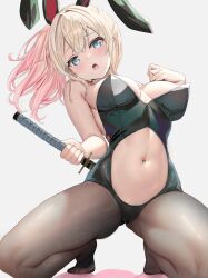 Rule 34 | 1girl, alternate costume, animal ears, aqua eyes, armpit crease, black leotard, blonde hair, blush, breasts, clothing cutout, commentary request, fake animal ears, hair between eyes, highleg, highleg leotard, highres, hololive, katana, kazama iroha, large breasts, leotard, long hair, looking at viewer, medium breasts, navel cutout, nekonosuke, open mouth, pantyhose, partial commentary, playboy bunny, ponytail, rabbit ears, solo, strapless, strapless leotard, sword, toes, virtual youtuber, weapon, weapon on back, white background