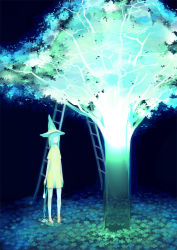 Rule 34 | 1girl, barefoot, branch, clover, dripping, faceless, faceless female, four-leaf clover, glowing, hat, ladder, leaf, long hair, night, original, paintbrush, shirt, solo, thupoppo, transparent, tree, wizard hat
