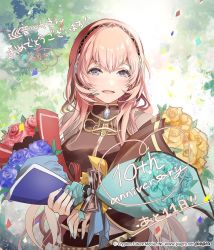 Rule 34 | 1girl, amulet, anniversary, aqua rose, belt, bloom, blue eyes, blue flower, blue rose, blush, bouquet, commentary, confetti, crypton future media, flower, gold trim, half-closed eyes, headphones, holding, holding bouquet, long hair, megurine luka, microphone, nail polish, official art, outdoors, pink hair, red flower, red rose, rose, sakuragi kei, smile, solo, straight hair, sunlight, tree, upper body, vocaloid, yellow flower, yellow rose