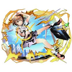 Rule 34 | 10s, 1girl, alpha transparency, bag, brown eyes, brown hair, divine gate, dress shirt, electricity, electrokinesis, full body, grey shorts, grey skirt, hair ornament, hand on own head, looking at viewer, loose socks, misaka mikoto, official art, one eye closed, pleated skirt, school bag, school uniform, shirt, short hair, short shorts, short sleeves, shorts, shorts under skirt, skirt, socks, solo, toaru majutsu no index, transparent background, ucmm, white shirt, white socks