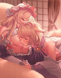 Rule 34 | 2girls, animal ears, bare shoulders, blonde hair, blush, breasts, brooch, closed eyes, commentary request, curtains, fox ears, gloves, hat, hat ribbon, highres, holding hands, indoors, jewelry, large breasts, licking, licking breast, long hair, masanaga (tsukasa), mob cap, multiple girls, no headwear, pink ribbon, ribbon, short hair, tongue, tongue out, touhou, white gloves, white headwear, yakumo ran, yakumo yukari, yuri