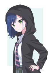 Rule 34 | 10s, 1girl, artist name, blue hair, closed mouth, collared shirt, darling in the franxx, from side, green eyes, green skirt, hand on own hip, highres, hood, hoodie, ichigo (darling in the franxx), kalina (skiki86320), long sleeves, looking at viewer, looking to the side, necktie, open clothes, open hoodie, plaid, plaid skirt, purple necktie, school uniform, shirt, short hair, skirt, solo, striped necktie, striped neckwear, upper body, white shirt, wing collar