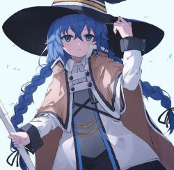 Rule 34 | 1girl, black hat, blue background, blue eyes, blue hair, braid, brown cape, cape, commentary, crossed bangs, fujimaki nora, hair between eyes, hat, highres, holding, holding staff, long hair, long sleeves, mushoku tensei, parted lips, roxy migurdia, simple background, solo, staff, twin braids, upper body, witch hat