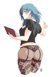 Rule 34 | 1girl, ass, automatic giraffe, blue eyes, blue hair, book, bottomless, byleth (female) (fire emblem), byleth (fire emblem), casual, chalk, expressionless, fire emblem, fire emblem: three houses, garter belt, huge ass, nintendo, panties, pantyhose, patterned legwear, red eyes, simple background, solo, teacher, underwear, white background