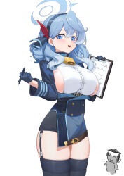 Rule 34 | 1boy, 1girl, absurdres, ako (blue archive), bell, black garter straps, black hair, black hairband, blue archive, blue eyes, blue halo, breasts, cowbell, doodle sensei (blue archive), garter straps, hairband, halo, highres, holding, holding pen, huajitian, large breasts, long sleeves, looking at viewer, medium hair, neck bell, open mouth, pen, sensei (blue archive), simple background, standing, thighs, white background