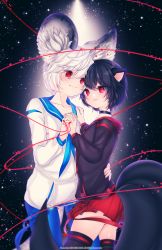 Rule 34 | 10s, 1boy, 1girl, animal ear fluff, animal ears, bad id, bad pixiv id, black hair, black thighhighs, blade &amp; soul, cat ears, couple, face-to-face, hetero, highres, holding hands, lyn (blade &amp; soul), mac (max27), mouse ears, pants, red eyes, shirt, short hair, skirt, smile, string, string of fate, tail, thighhighs, white hair, zettai ryouiki