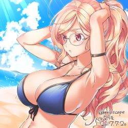 Rule 34 | 1girl, arm strap, armpits, beach, between breasts, bikini, blonde hair, blue bikini, breasts, cleavage, cloud, cloudy sky, dated, day, front-tie top, glasses, herio, jewelry, large breasts, necklace, original, outdoors, ponytail, red eyes, sand, signature, sky, solo, sunlight, swimsuit, upper body, water, wavy hair