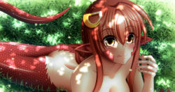 Rule 34 | 10s, 1girl, :p, absurdres, ass, blacksaikou, blush, breasts, cleavage, collarbone, grass, hair ornament, hairclip, highres, lamia, long hair, medium breasts, miia (monster musume), monster girl, monster musume no iru nichijou, nail polish, naughty face, nude, pointy ears, red hair, scales, shade, slit pupils, solo, tongue, tongue out, very long hair, yellow eyes